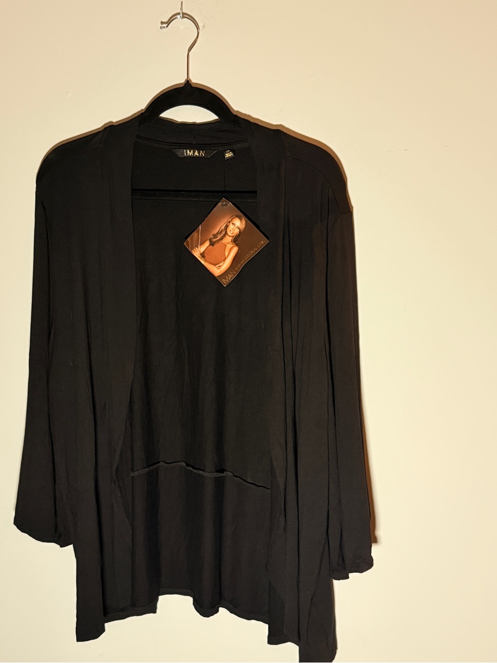 IMAN Black Open-Front Draped Lounge Cardigan